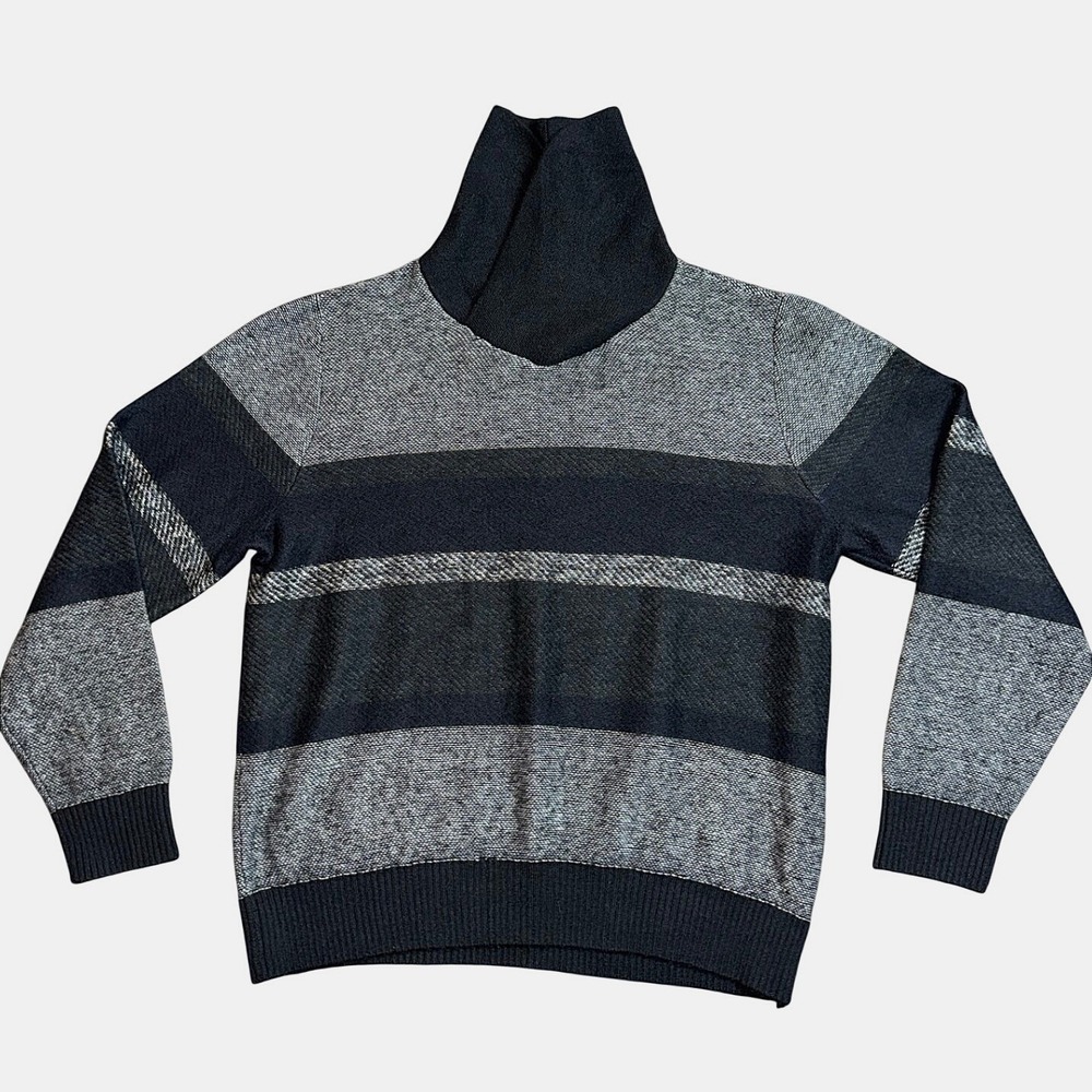 Express Mens Striped Funnel Neck Sweater Black Grey Cotton Mohair Blend Large